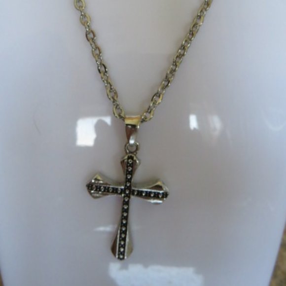 CROSS Necklace Silver & Black Alloy 13" (K282) - Picture 2 of 4